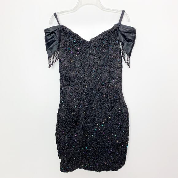 Vintage Bari Jay Union Made Black Beaded Sequin Off The Shoulder Dress - Picture 1 of 7